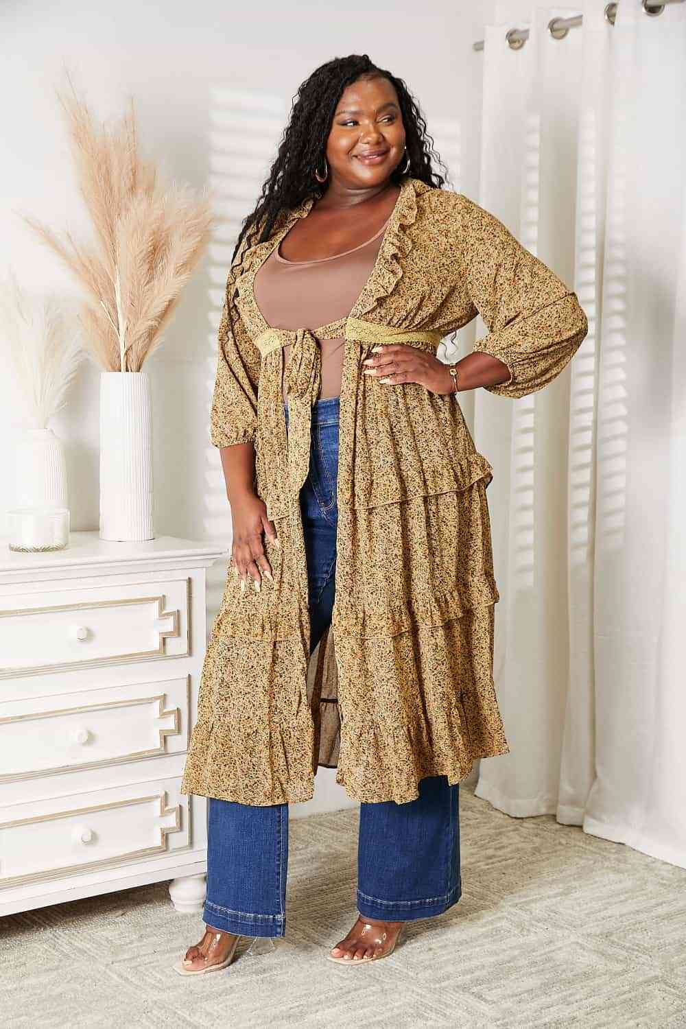 Full Size Tie Front Ruffled Duster Cardigan