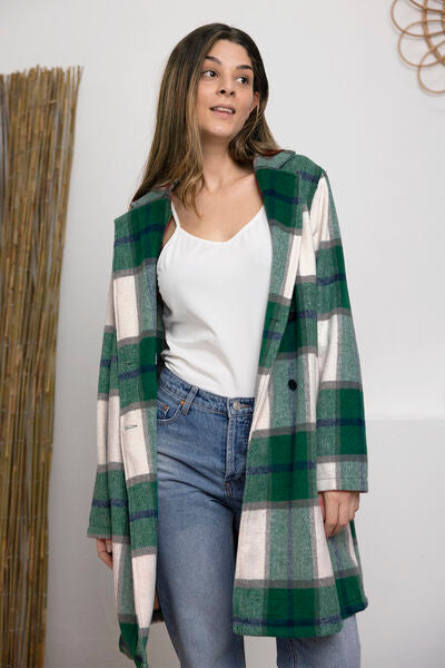 Full Size Plaid Button Up Lapel Collar Coat