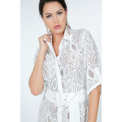 Belted Hi Low Placket Lace Shirt Dress