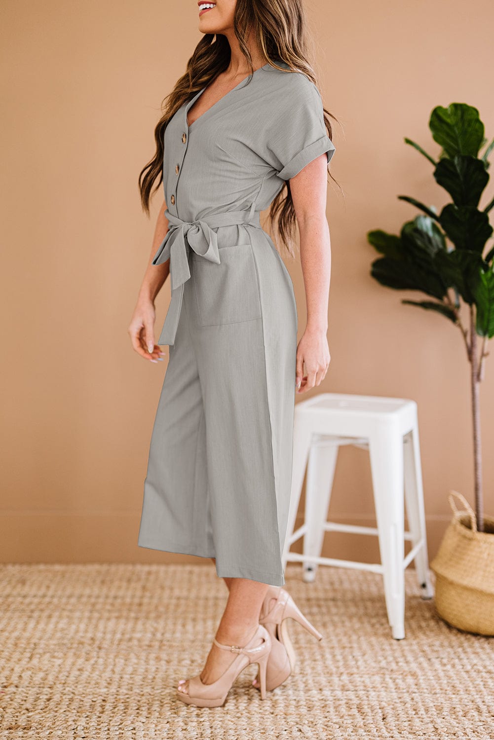 Button Front Belted Cropped Jumpsuit with Pockets