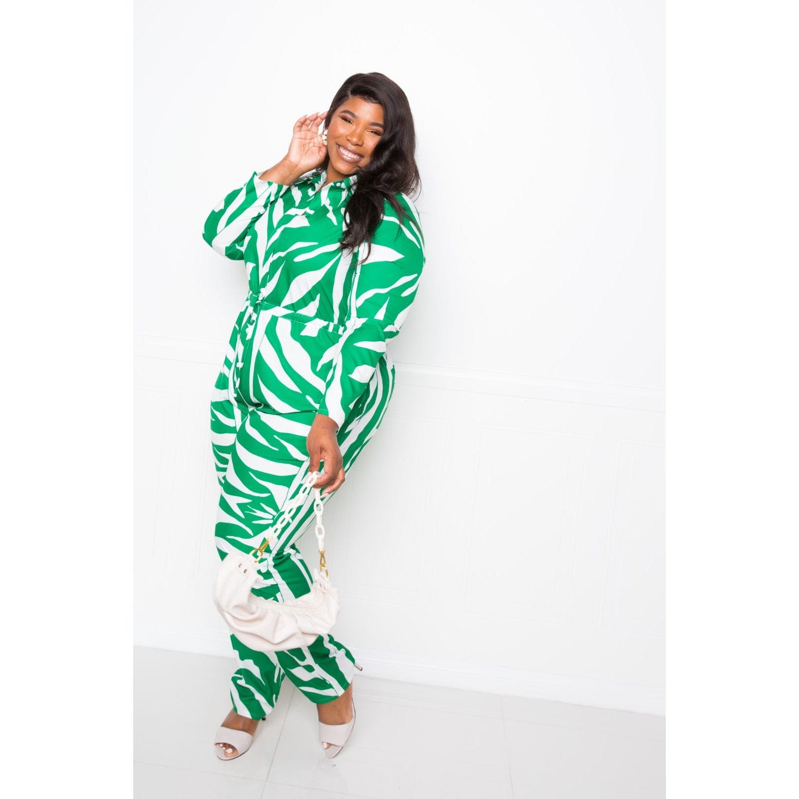 Button Up Long Sleeve  Jumpsuit in Green