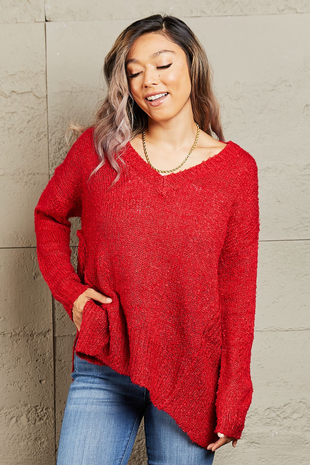 By The Fire Full Size Draped Detail Knit Sweater