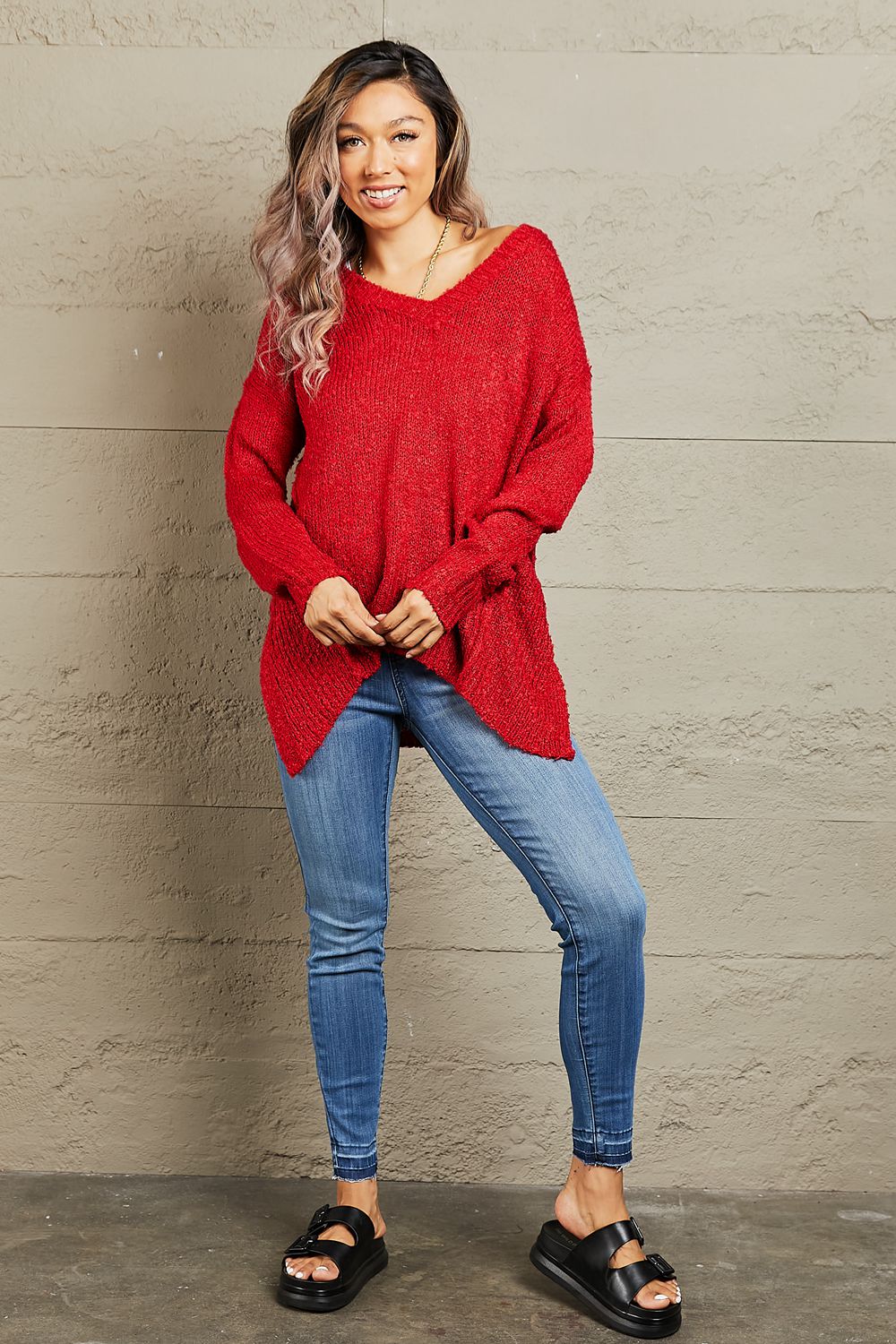 By The Fire Full Size Draped Detail Knit Sweater