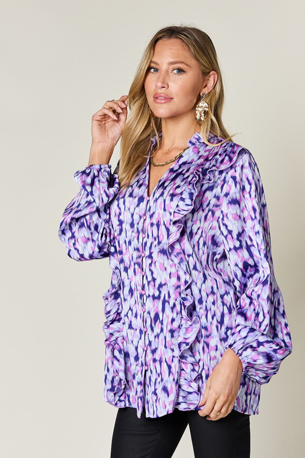 Full Size Printed Ruffle Trim Balloon Sleeve Shirt