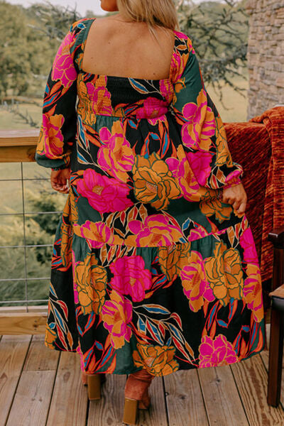 Plus Size Printed Square Neck Balloon Sleeve Dress