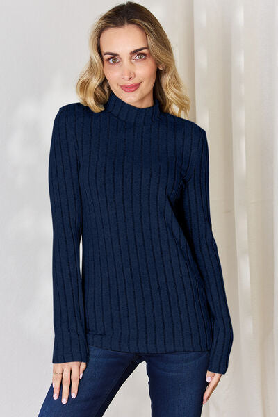 Full Size Ribbed Mock Neck Long Sleeve T-Shirt