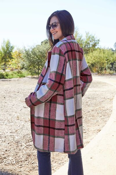 Full Size Plaid Button Up Lapel Collar Coat