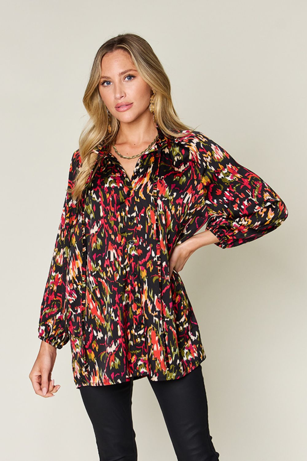 Full Size Printed Button Up Long Sleeve Shirt