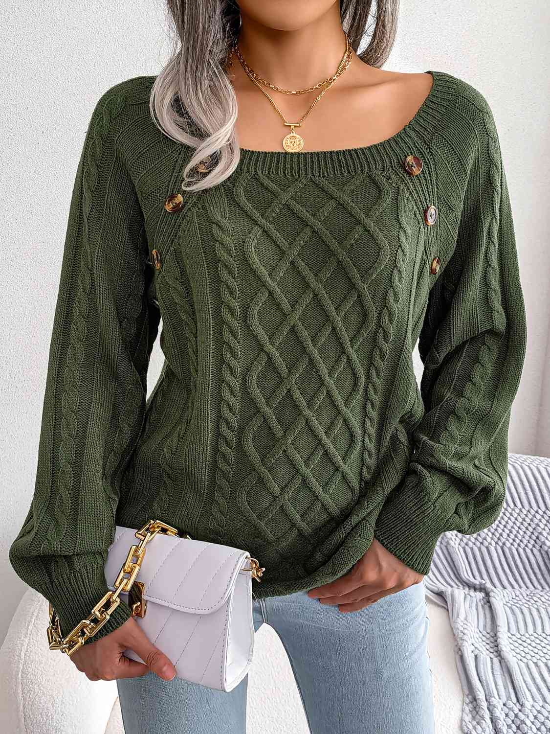 Fall Free Button Cable-Knit Sweater