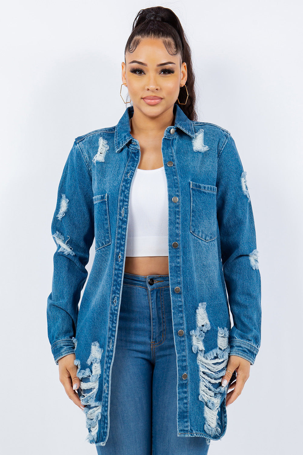 Distressed Button Up Long Sleeve Denim Jacket