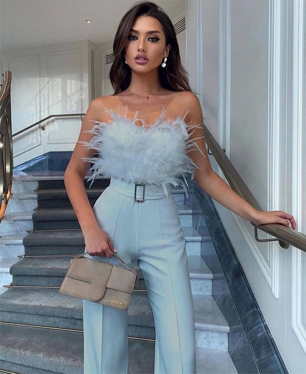 London Vibes Feather Top Jumpsuit