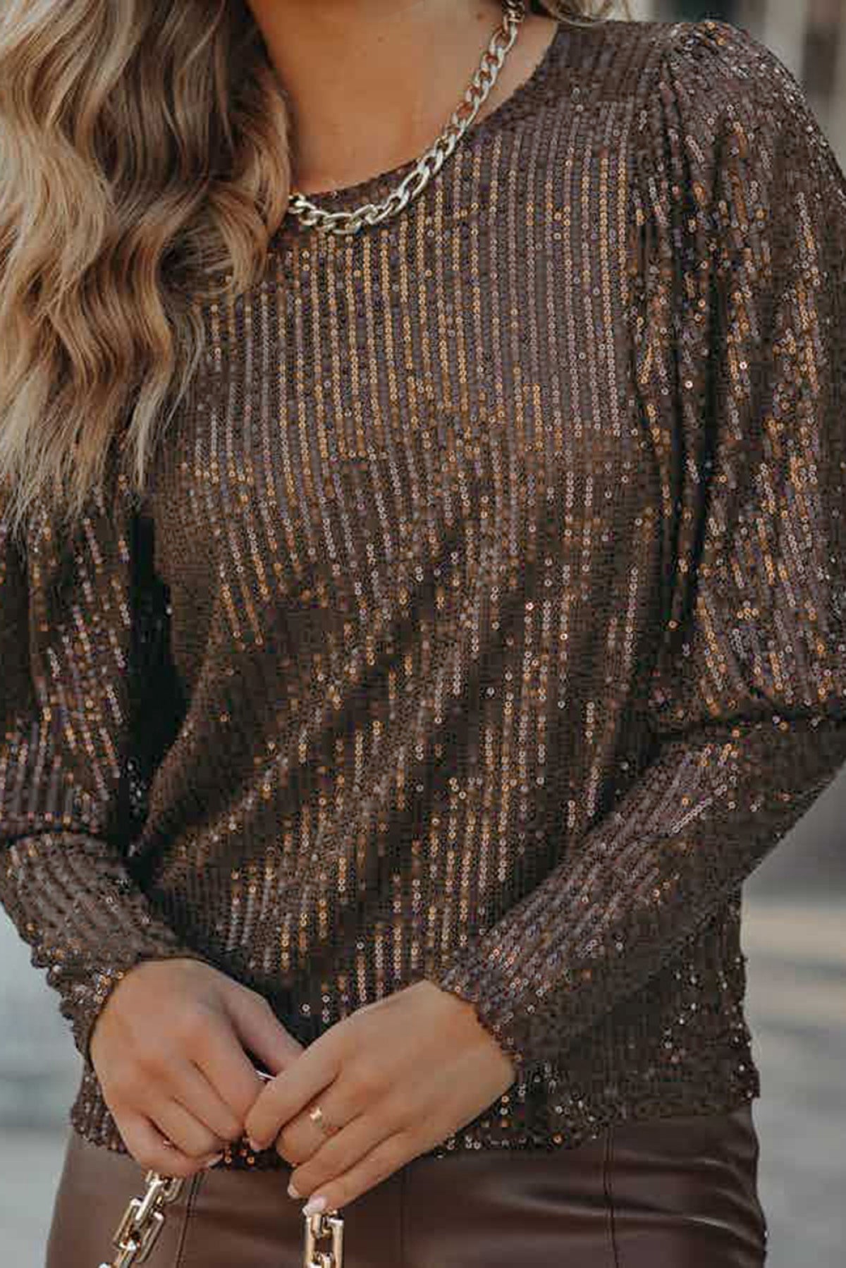 Brown Cuffed Sequin Top