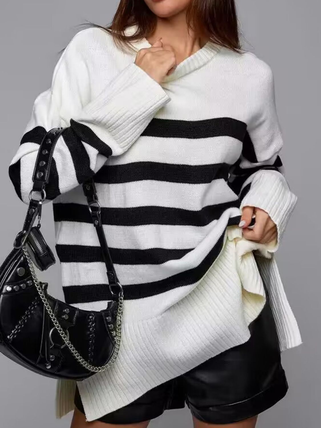 Slit Striped Round Neck Sweater