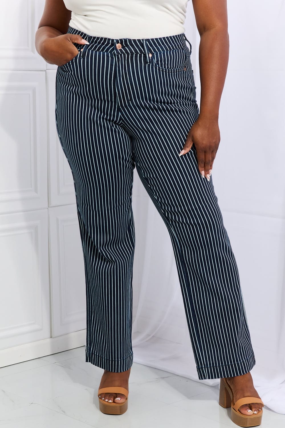 Cassidy Full Size High Waisted Tummy Control Striped Straight Jeans