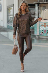 Brown Cuffed Sequin Top