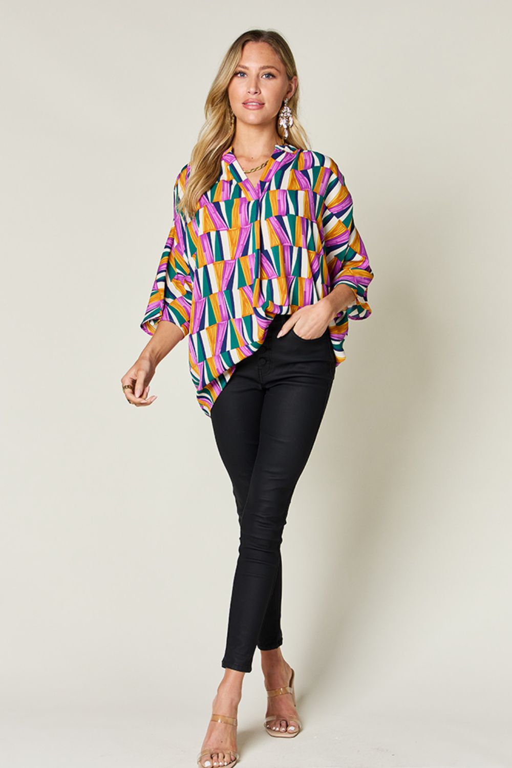 Full Size Geometric Notched Raglan Sleeve Blouse