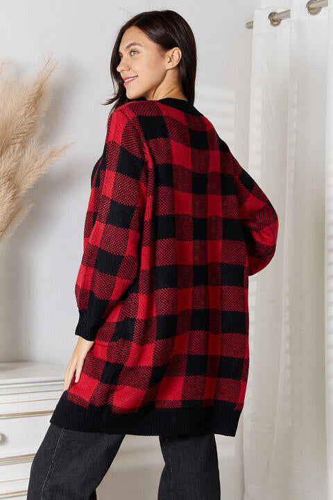 Full Size Plaid Open Front Cardigan with Pockets