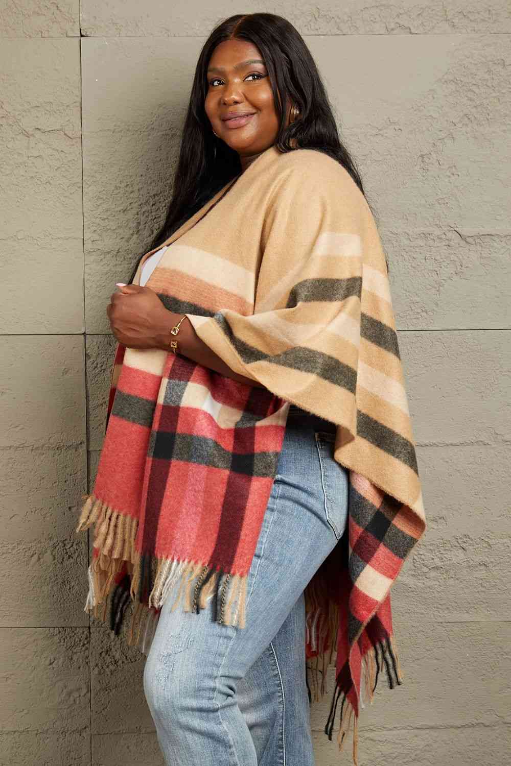 Plaid Shawl Poncho Cardigan