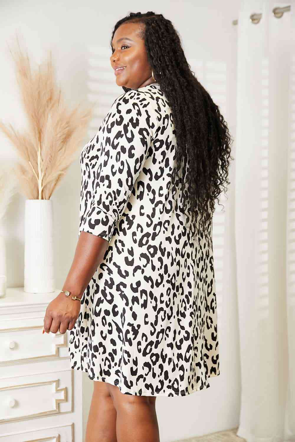 Full Size Leopard Three-Quarter Sleeve Dress with Pockets