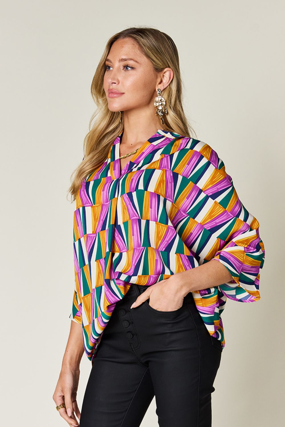 Full Size Geometric Notched Raglan Sleeve Blouse