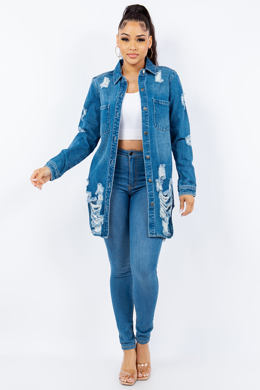 Distressed Button Up Long Sleeve Denim Jacket