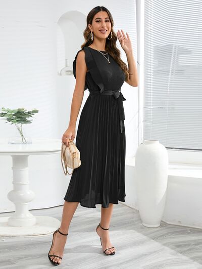 Tied Round Neck Pleated Midi Dress