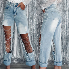 Ripped Chain Ornament Straight-leg Pants