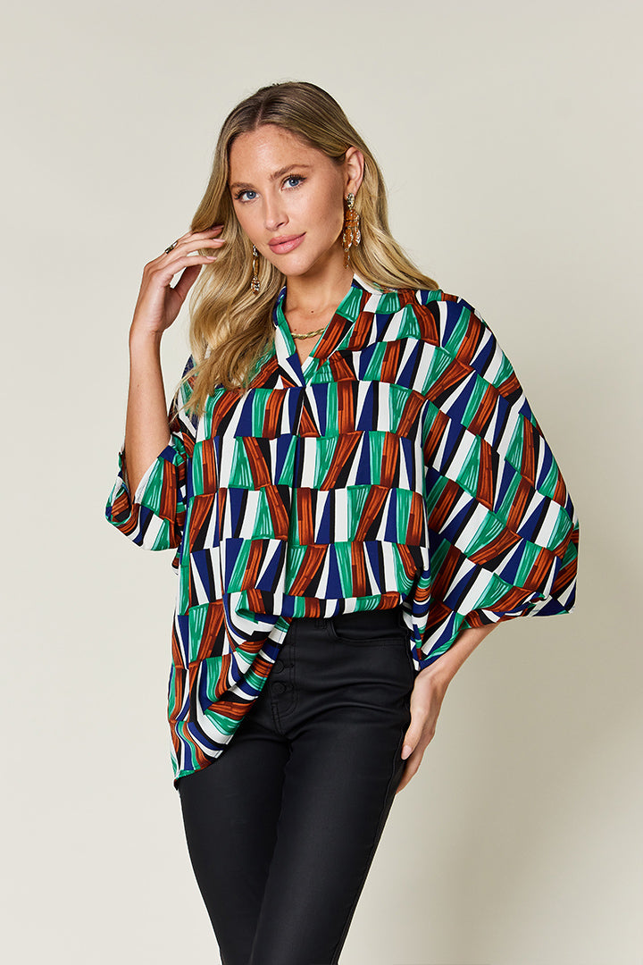 Full Size Geometric Notched Raglan Sleeve Blouse