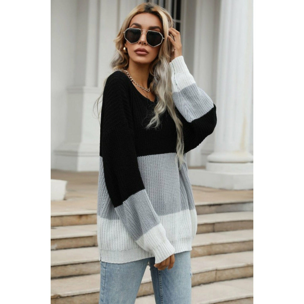 Color Block Long Sleeve Chunky Knit Sweater