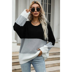 Color Block Long Sleeve Chunky Knit Sweater