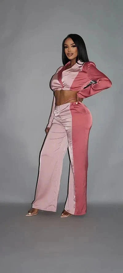 Colorblock Crop Blazer With Matching Low Rise Wide Leg Pant Set With Pockets