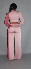 Colorblock Crop Blazer With Matching Low Rise Wide Leg Pant Set With Pockets