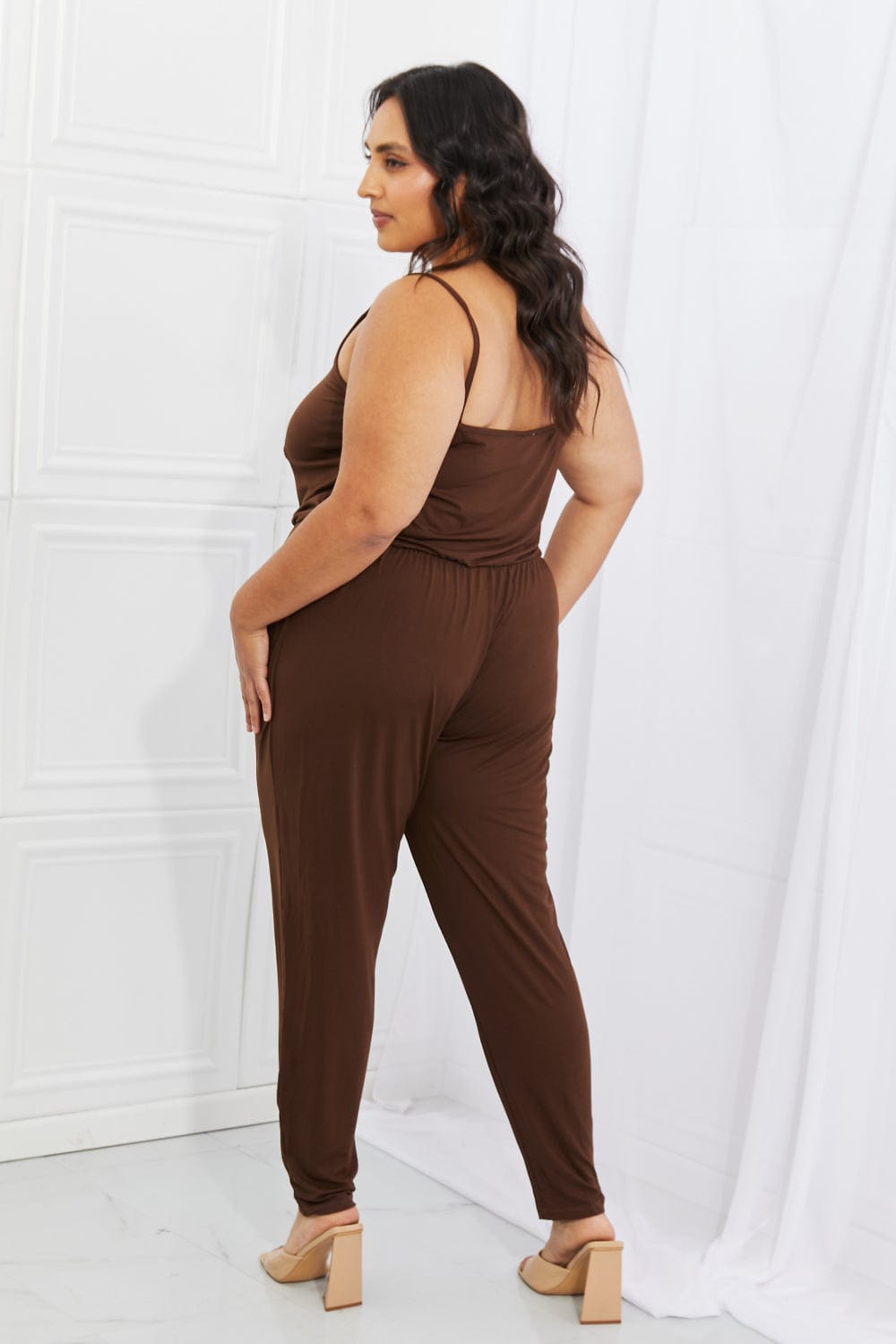 Comfy Casual Full Size Solid Elastic Waistband Jumpsuit in Chocolate