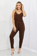 Comfy Casual Full Size Solid Elastic Waistband Jumpsuit in Chocolate