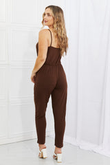 Comfy Casual Full Size Solid Elastic Waistband Jumpsuit in Chocolate