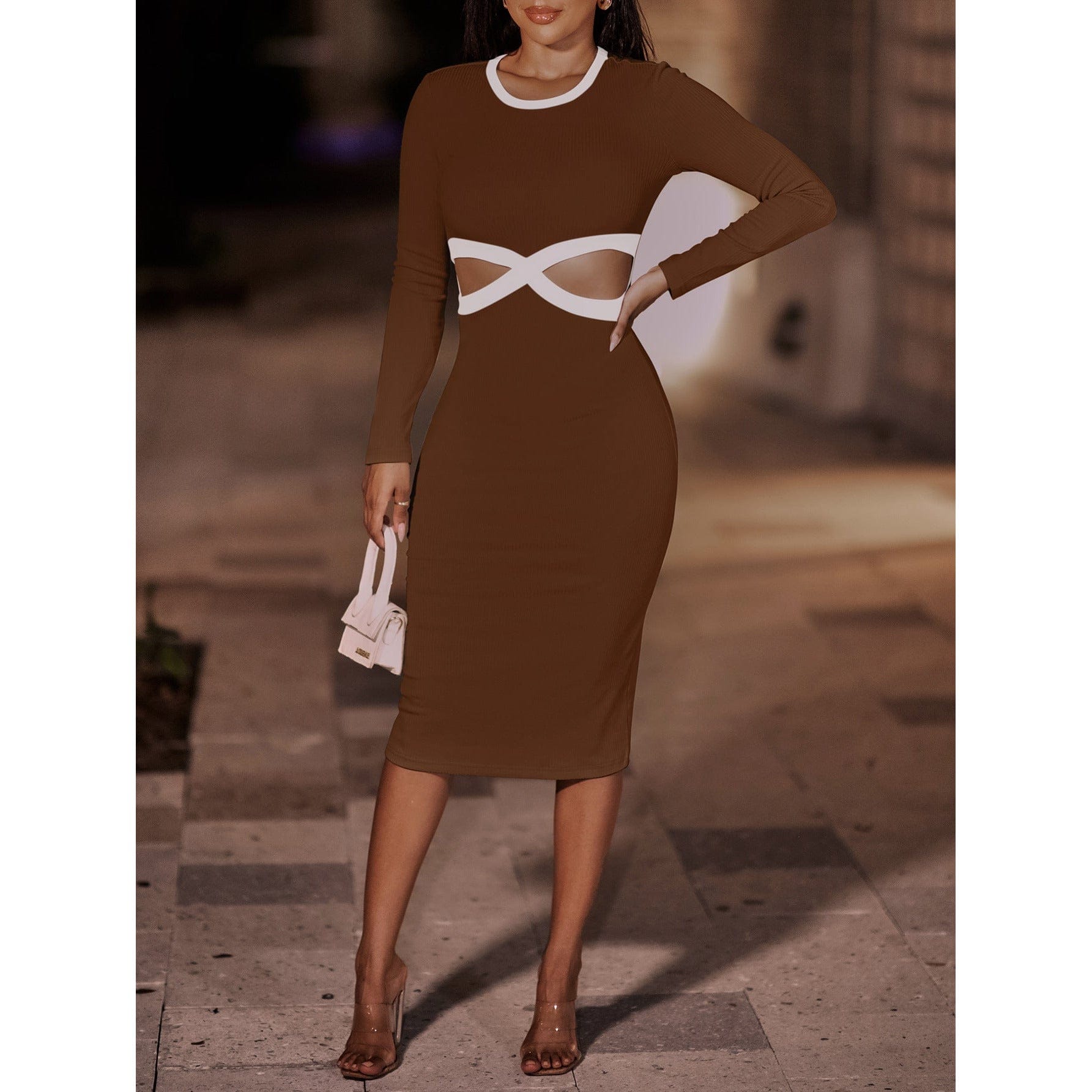 Contrast Cutout Ribbed Bodycon Dress