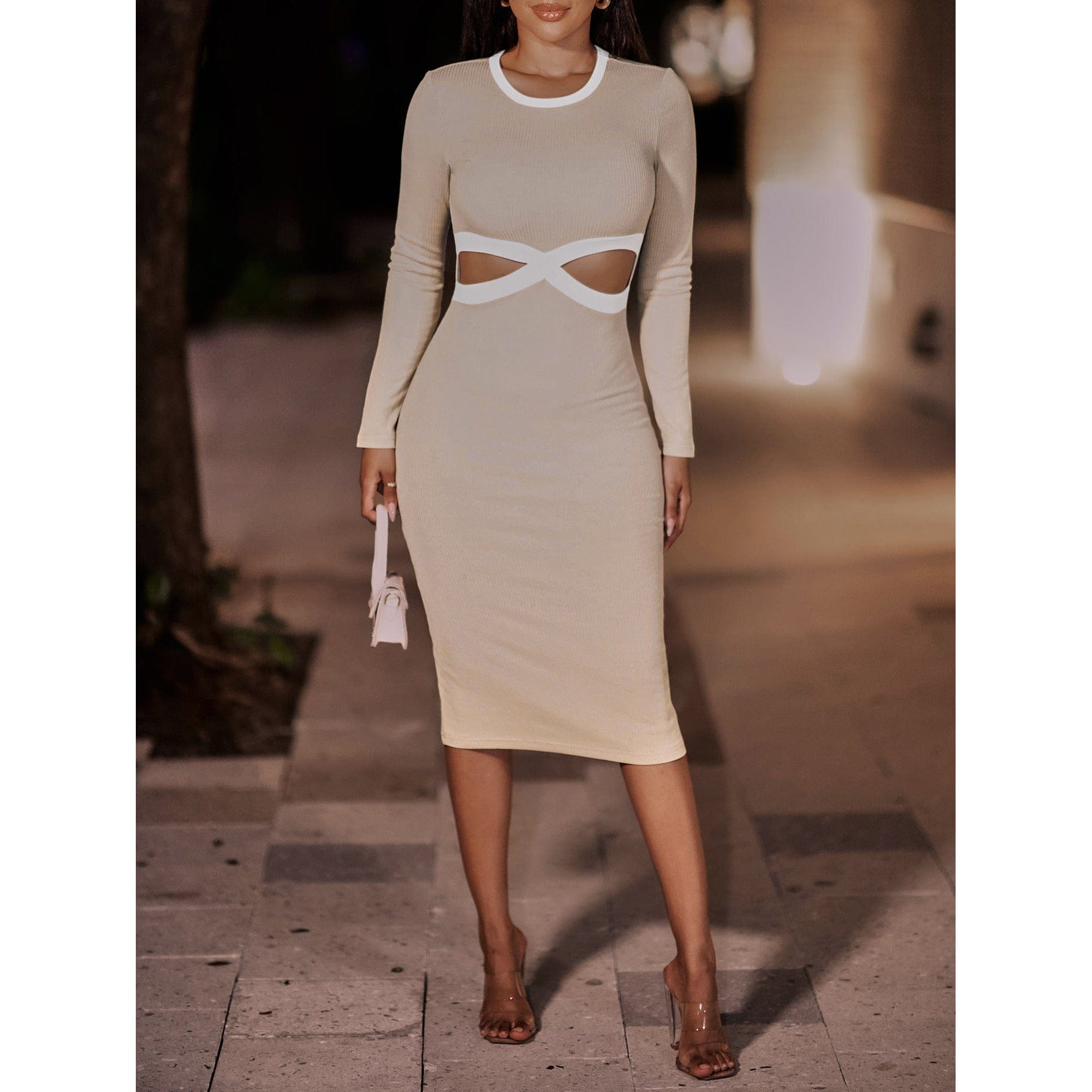 Contrast Cutout Ribbed Bodycon Dress