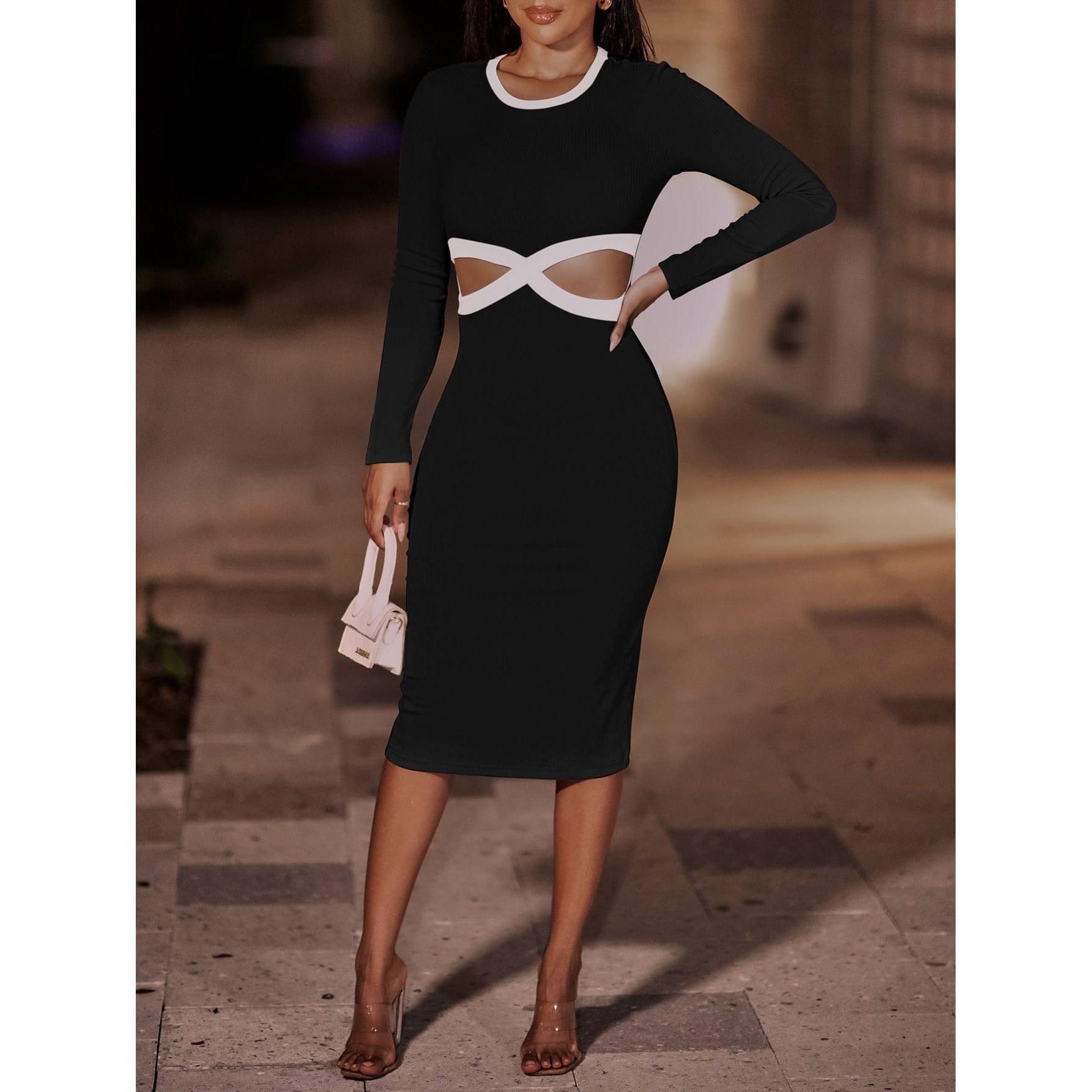 Contrast Cutout Ribbed Bodycon Dress