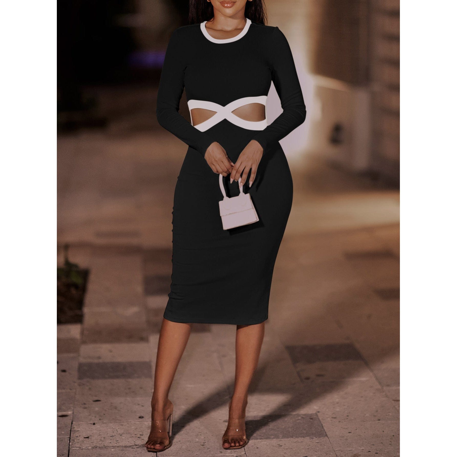 Contrast Cutout Ribbed Bodycon Dress