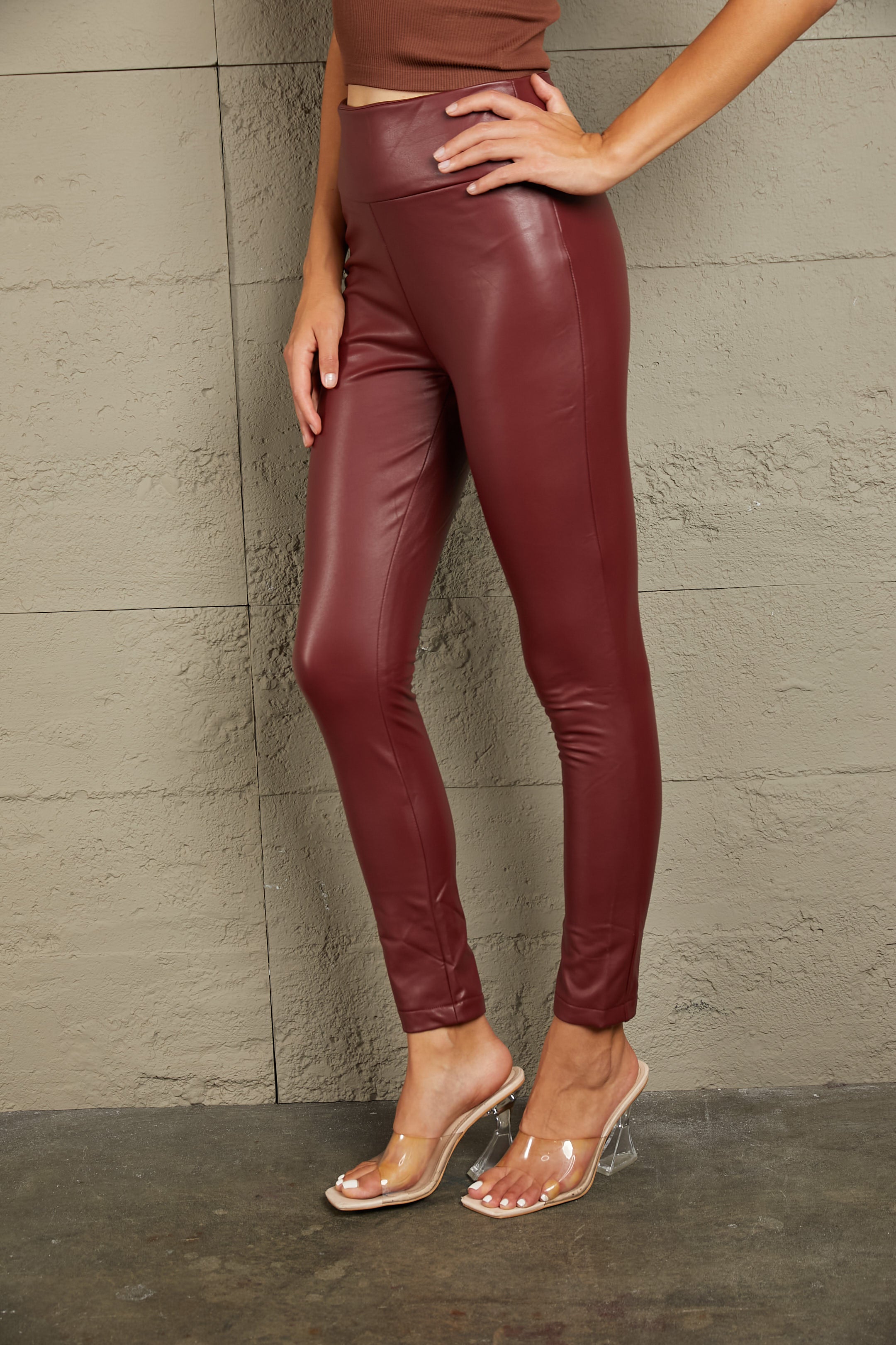 PU High Waist  Straight Pants