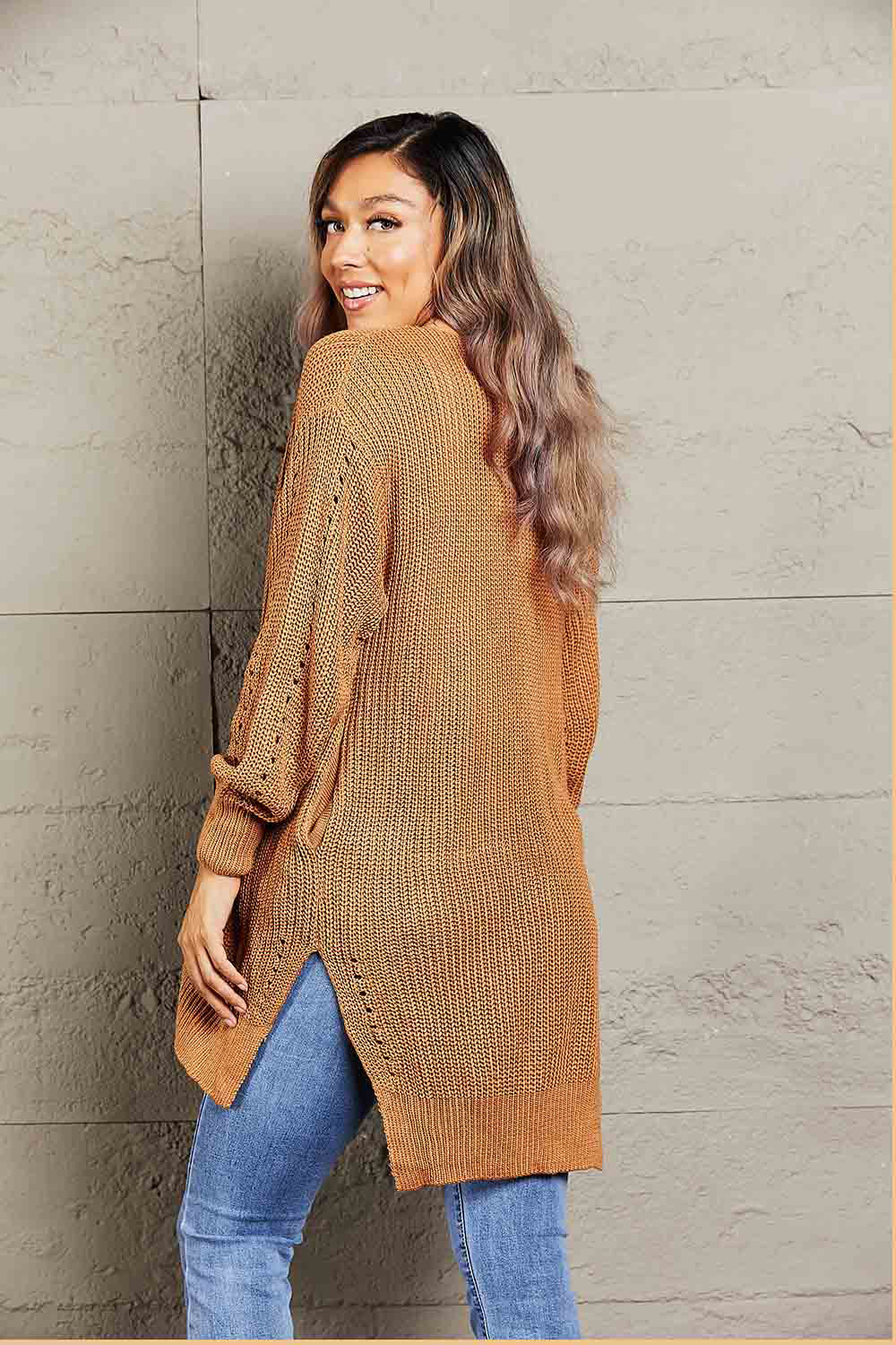 Openwork Rib-Knit Slit Cardigan