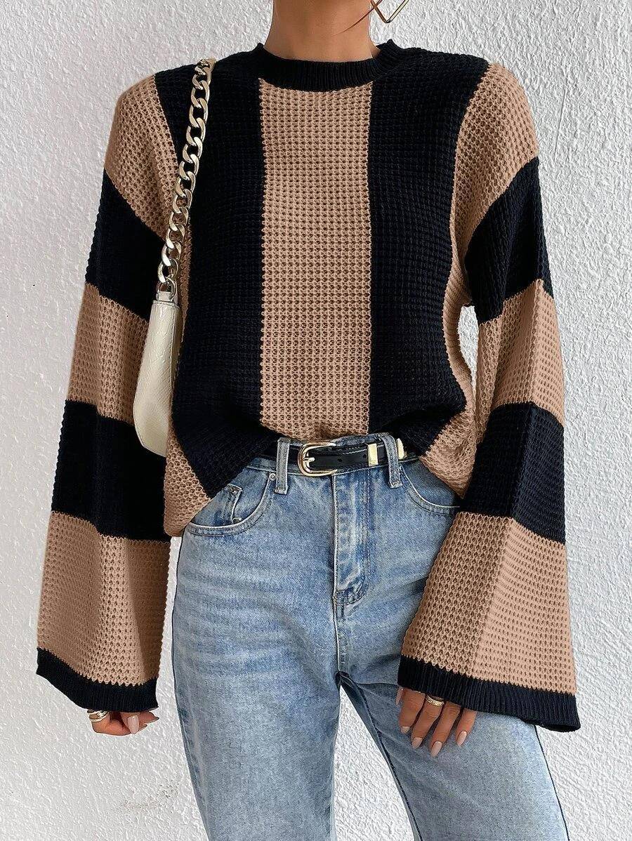 Crew Neck Waffle Drop Shoulder Knit Sweater