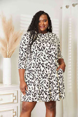 Full Size Leopard Three-Quarter Sleeve Dress with Pockets