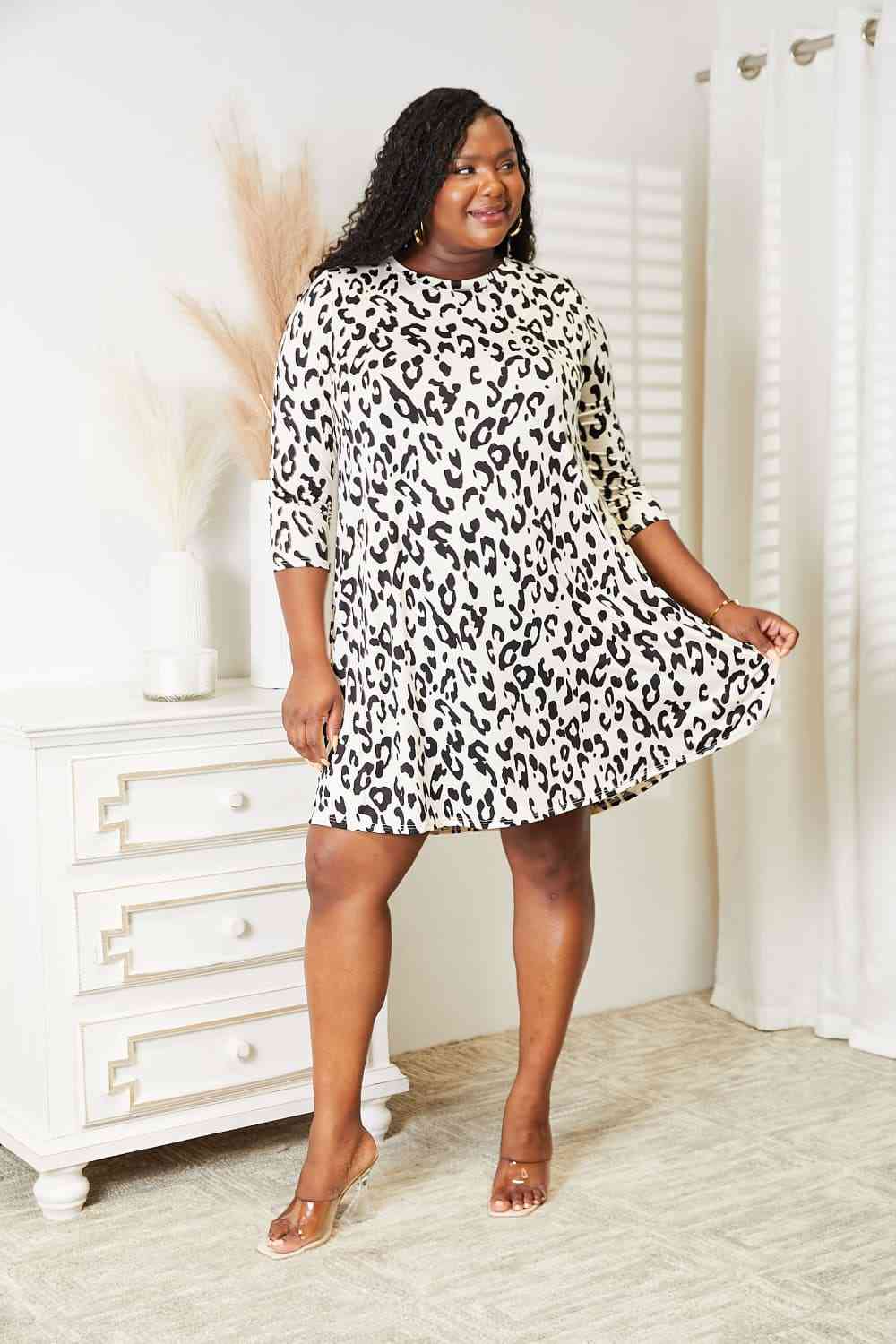 Full Size Leopard Three-Quarter Sleeve Dress with Pockets