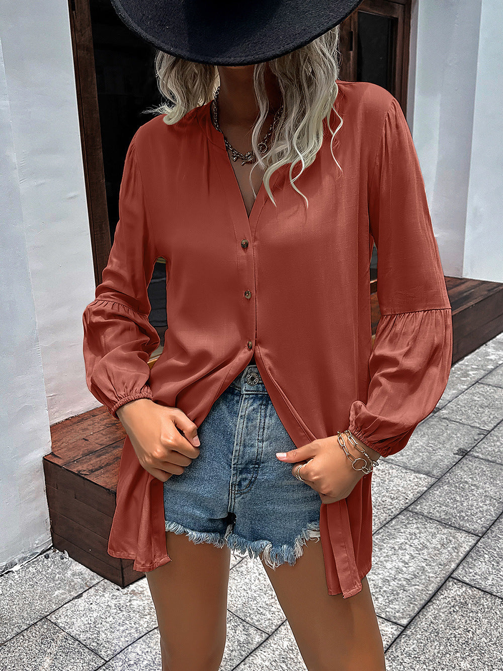 Notched Neck Balloon Sleeve Shirt