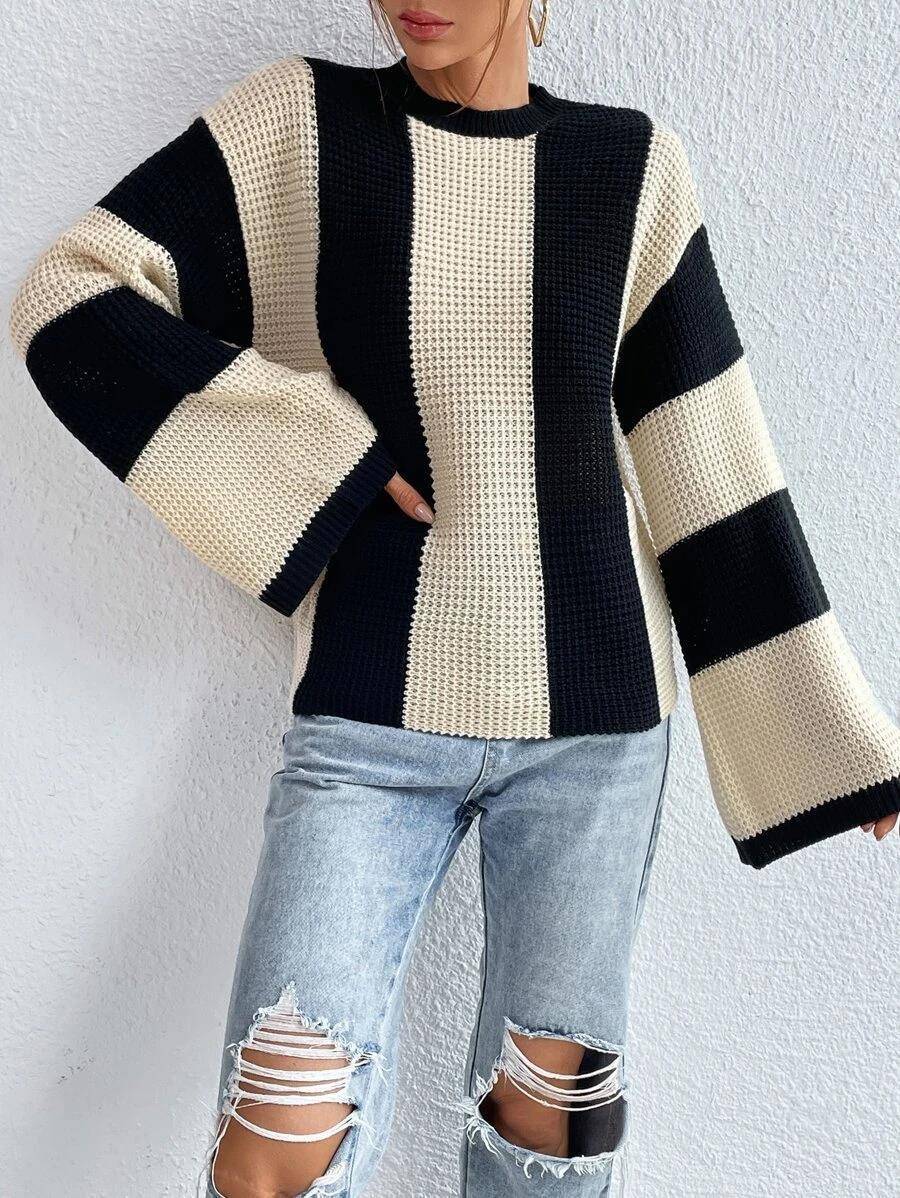 Crew Neck Waffle Drop Shoulder Knit Sweater