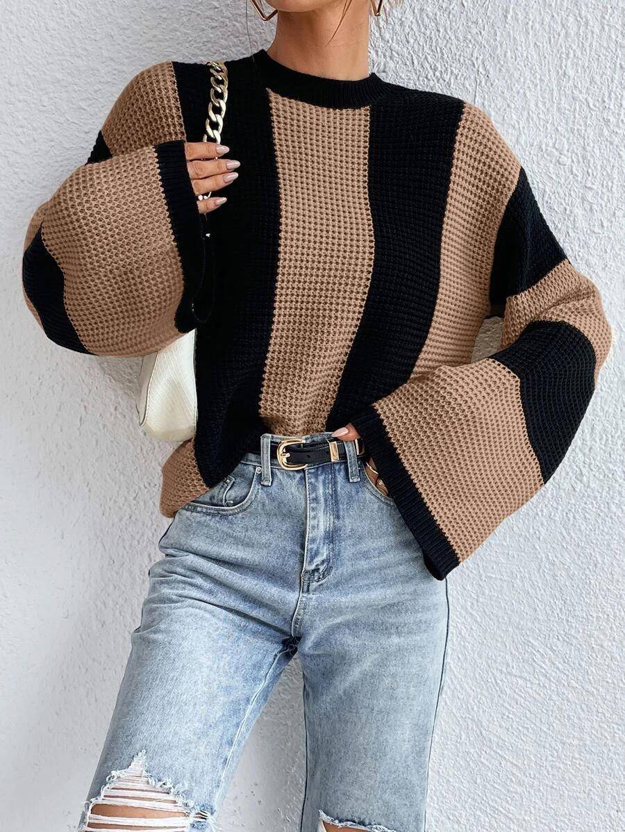 Crew Neck Waffle Drop Shoulder Knit Sweater