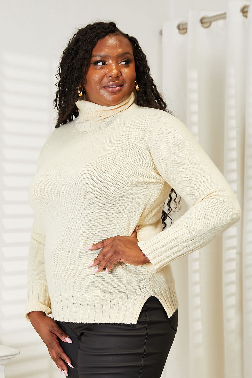 Full Size Long Sleeve Turtleneck Sweater with Side Slit