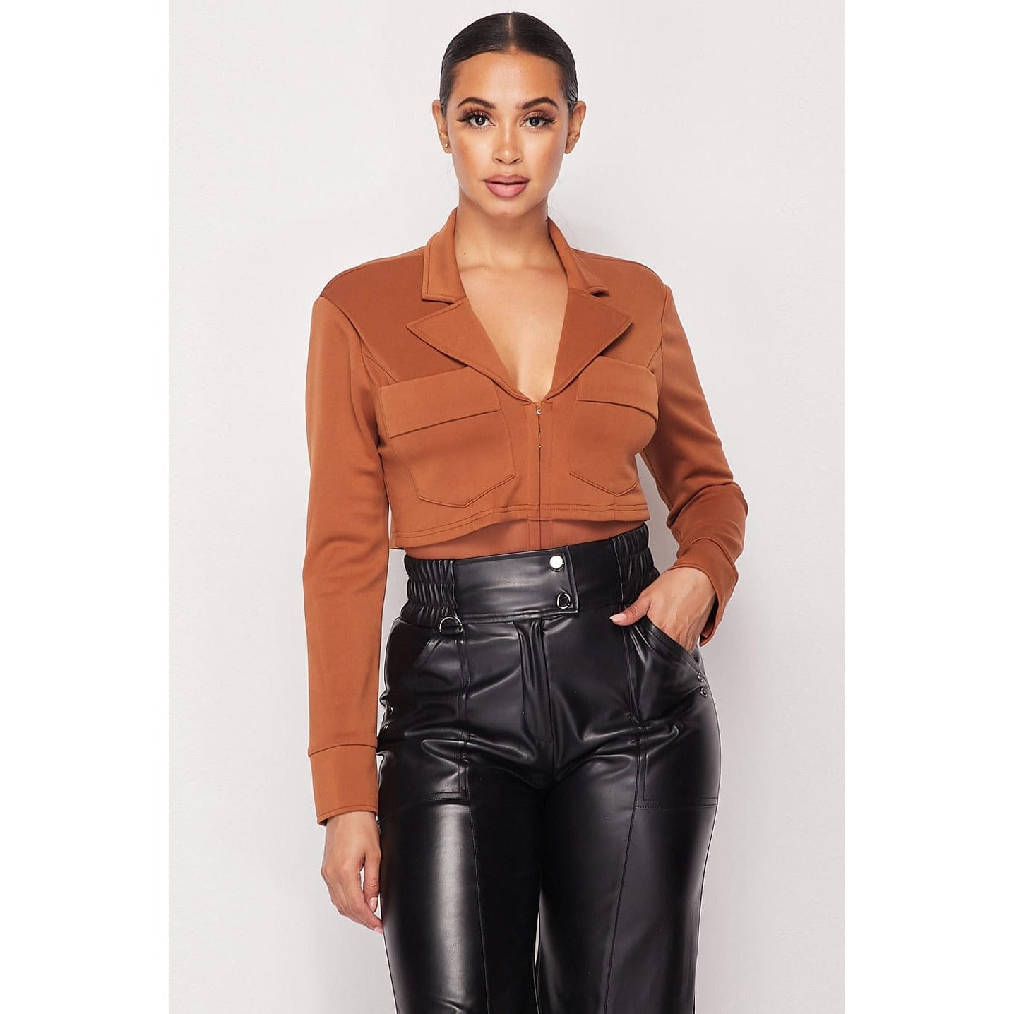 Deep-v Cropped Power Shoulder Blazer Bodysuit