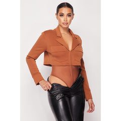 Deep-v Cropped Power Shoulder Blazer Bodysuit